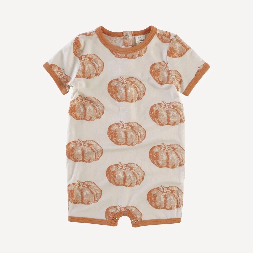 Kate Quinn Orange Harvest Pumpkin Short Sleeve Ringer Shortie Romper Size 12-18M